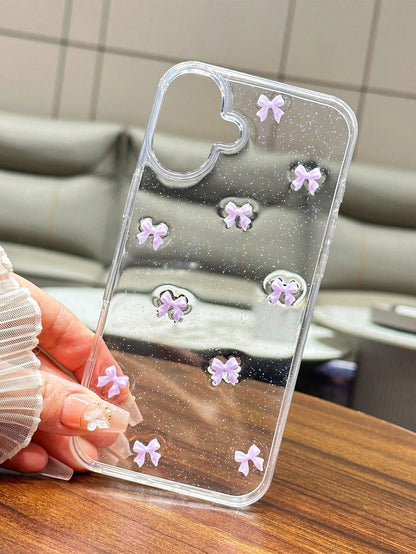 Cute TPU Bow Element Fashion Shockproof 3D Purple Bow Glitter Sequin Epoxy Resin Transparent Background Phone Case Compatible With Iphone 17/17Air/17Pro/17ProMax/16/15/14/13/12/11/X/XS/XR/Mini/Pro Max