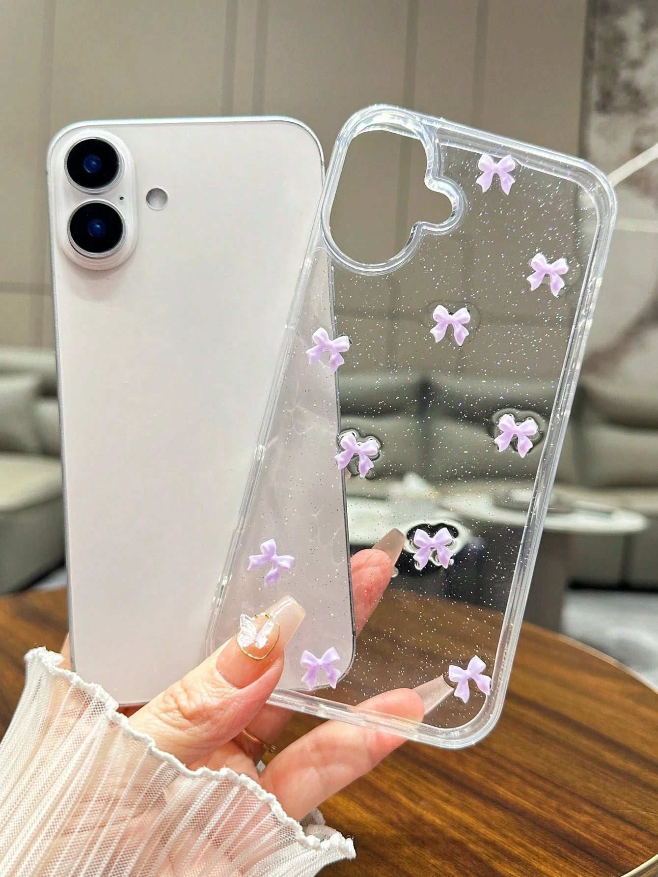 Cute TPU Bow Element Fashion Shockproof 3D Purple Bow Glitter Sequin Epoxy Resin Transparent Background Phone Case Compatible With Iphone 17/17Air/17Pro/17ProMax/16/15/14/13/12/11/X/XS/XR/Mini/Pro Max