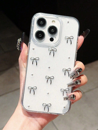 Cute TPU Bow Element Fashion Shockproof 3D Purple Bow Glitter Sequin Epoxy Resin Transparent Background Phone Case Compatible With Iphone 17/17Air/17Pro/17ProMax/16/15/14/13/12/11/X/XS/XR/Mini/Pro Max