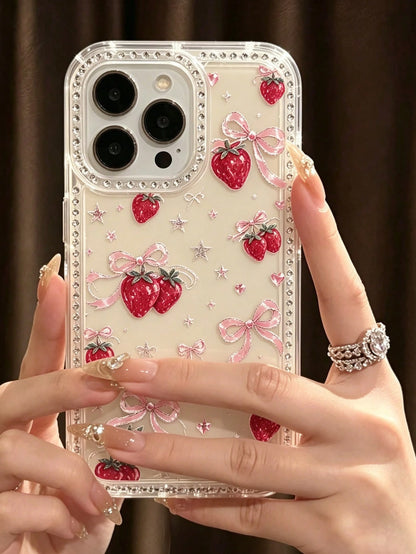 Cute Transparent Shockproof Premium Phone Case, Strawberry Pattern With Star Elements, Compatible With IPhone 17 Pro, 16e, 16 Pro, 15, 14, 13, 12, 11, XR And XS Max, Thickened Protection, Fashionable