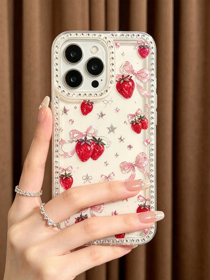 Cute Transparent Shockproof Premium Phone Case, Strawberry Pattern With Star Elements, Compatible With IPhone 17 Pro, 16e, 16 Pro, 15, 14, 13, 12, 11, XR And XS Max, Thickened Protection, Fashionable