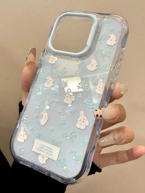 Cute White Blue Rabbit Elements Fashion Phone Case Cute Cartoon Rabbit & Floral Wave Frame Soft Phone Case Compatible With 17 Pro Max 17 Pro 17 16 15 14 13 12 Pro Max 11 Easter Bunny Spring Gift Birth