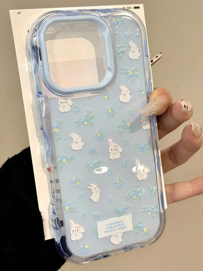 Cute White Blue Rabbit Elements Fashion Phone Case Cute Cartoon Rabbit & Floral Wave Frame Soft Phone Case Compatible With 17 Pro Max 17 Pro 17 16 15 14 13 12 Pro Max 11 Easter Bunny Spring Gift Birth