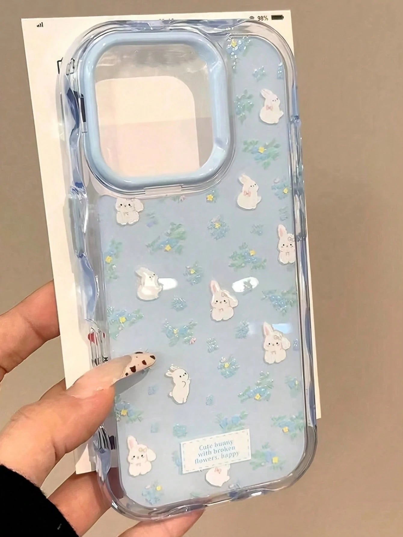 Cute White Blue Rabbit Elements Fashion Phone Case Cute Cartoon Rabbit & Floral Wave Frame Soft Phone Case Compatible With 17 Pro Max 17 Pro 17 16 15 14 13 12 Pro Max 11 Easter Bunny Spring Gift Birth