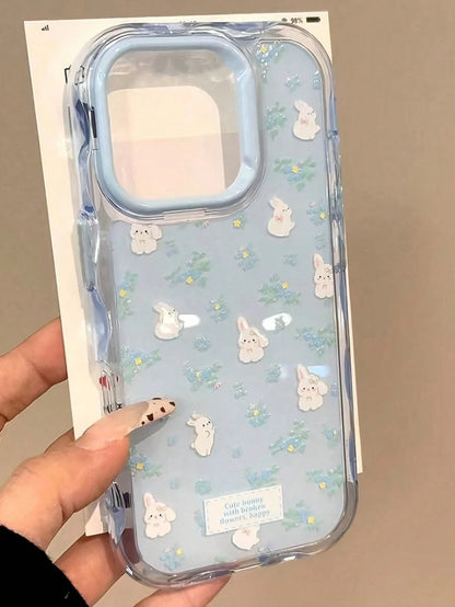 Cute White Blue Rabbit Elements Fashion Phone Case Cute Cartoon Rabbit & Floral Wave Frame Soft Phone Case Compatible With 17 Pro Max 17 Pro 17 16 15 14 13 12 Pro Max 11 Easter Bunny Spring Gift Birth