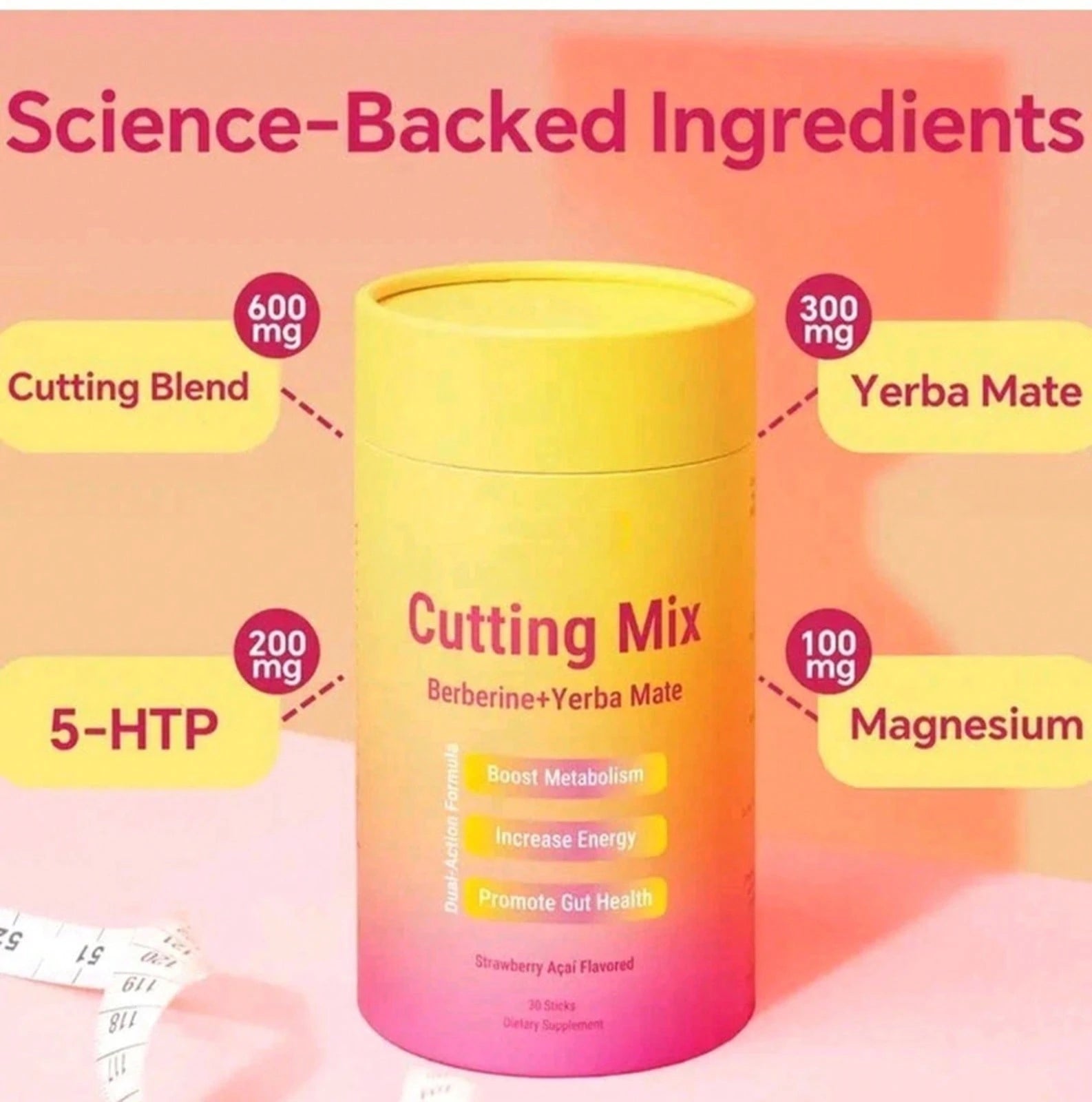 Cutting Drink Mix- Berberine+Yerb<Wbr>A Mate, Boost Metabolism Gut Health Supplement 30Tablets