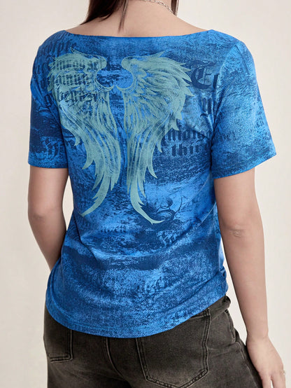 Cyber Y2K Women Street Goth Style Printed Short Sleeve Unique Asymmetric Shoulder Exposed Thin T-Shirt Casual Vacation Summer