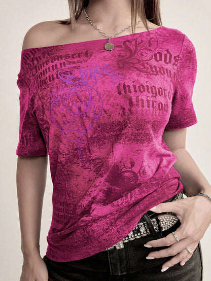 Cyber Y2K Women Street Goth Style Printed Short Sleeve Unique Asymmetric Shoulder Exposed Thin T-Shirt Casual Vacation Summer