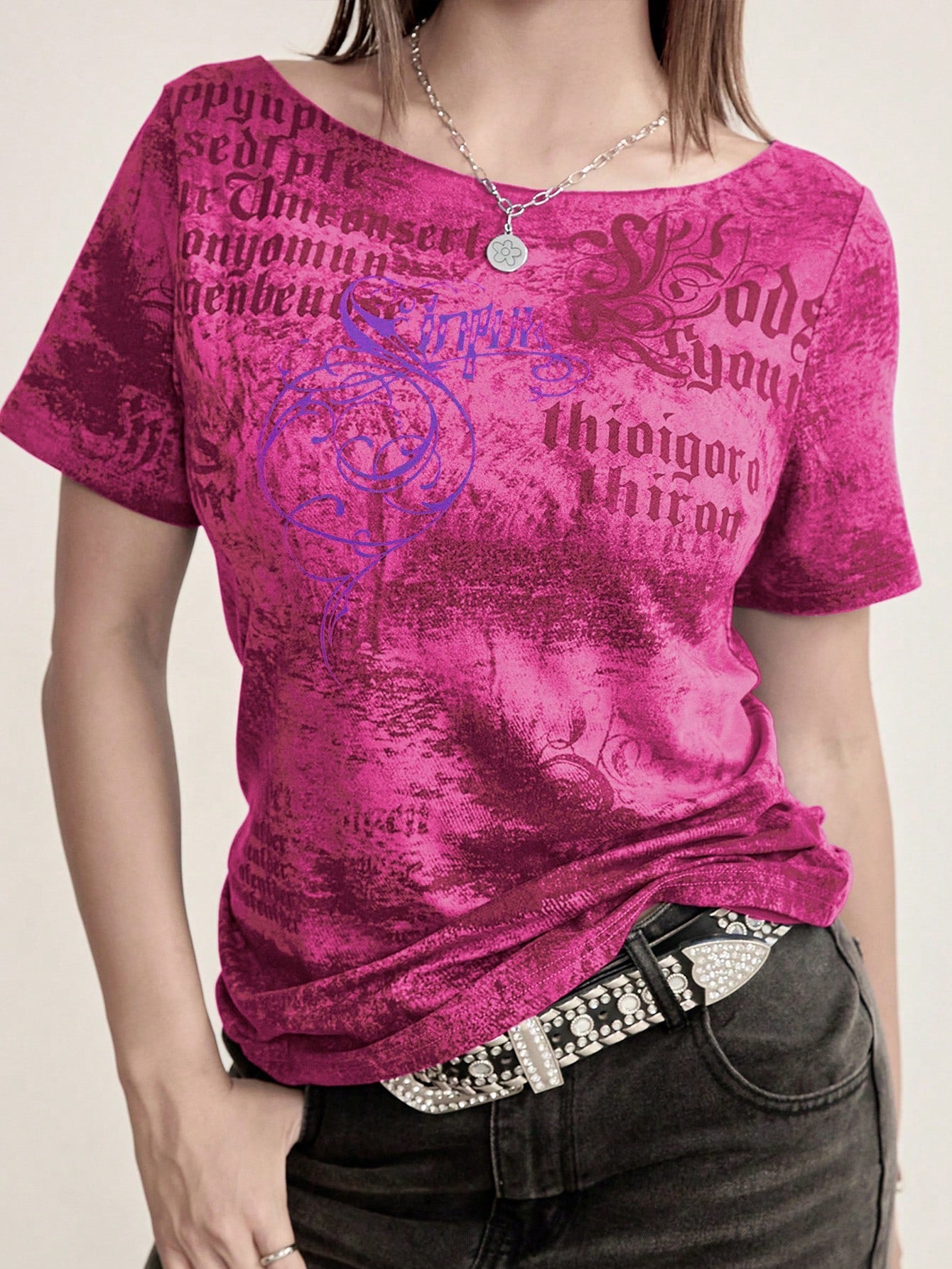 Cyber Y2K Women Street Goth Style Printed Short Sleeve Unique Asymmetric Shoulder Exposed Thin T-Shirt Casual Vacation Summer