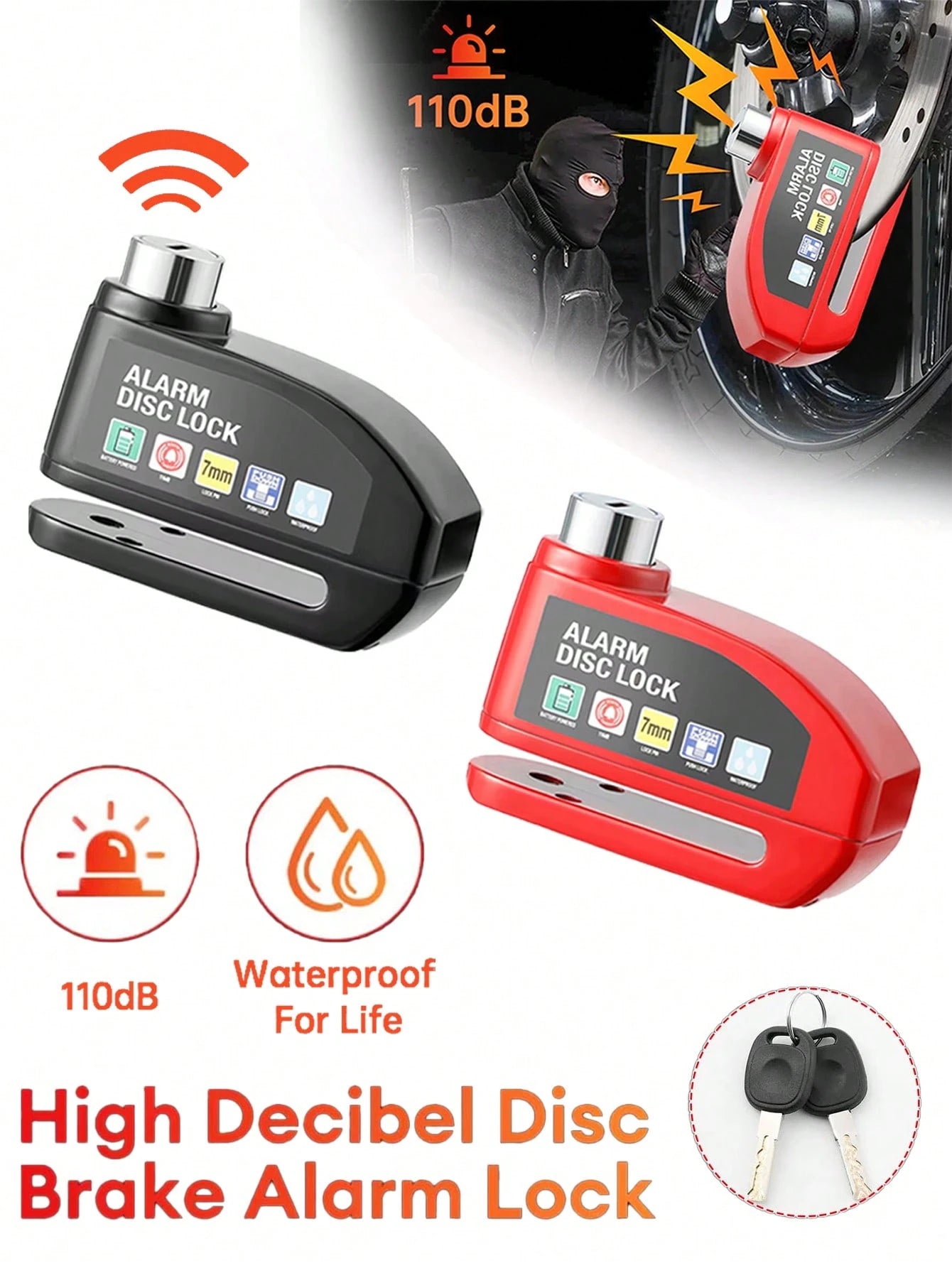 Cycling Motorcycle Wheel Disc Brake Lock Moto Anti-Theft Safety Lock Waterproof 110dB Loud Electronic Alarm Disc Lock For Motorcycle,Bicycle, Electric Bike, Essential Anti-Theft Riding Equipment