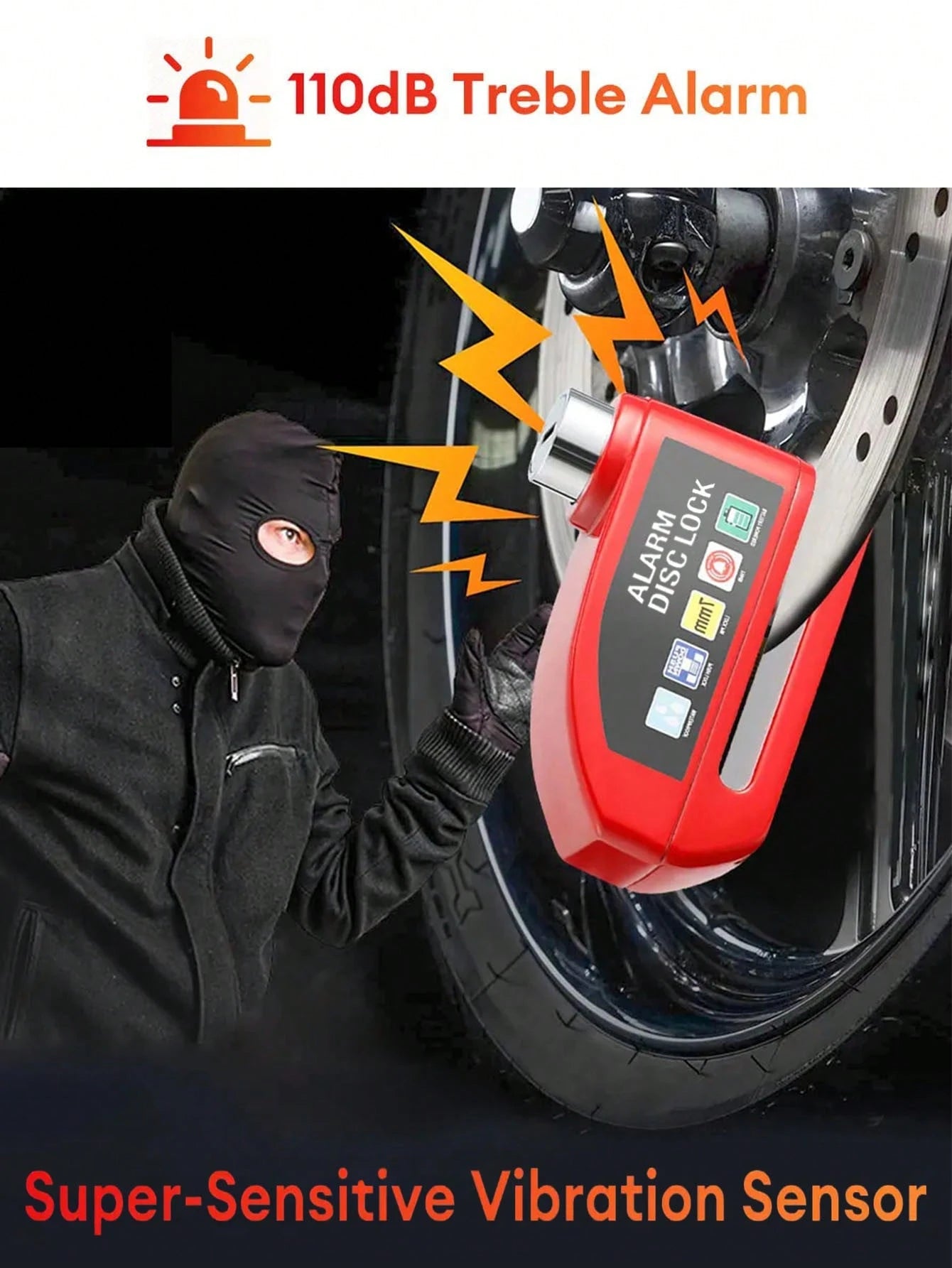 Cycling Motorcycle Wheel Disc Brake Lock Moto Anti-Theft Safety Lock Waterproof 110dB Loud Electronic Alarm Disc Lock For Motorcycle,Bicycle, Electric Bike, Essential Anti-Theft Riding Equipment
