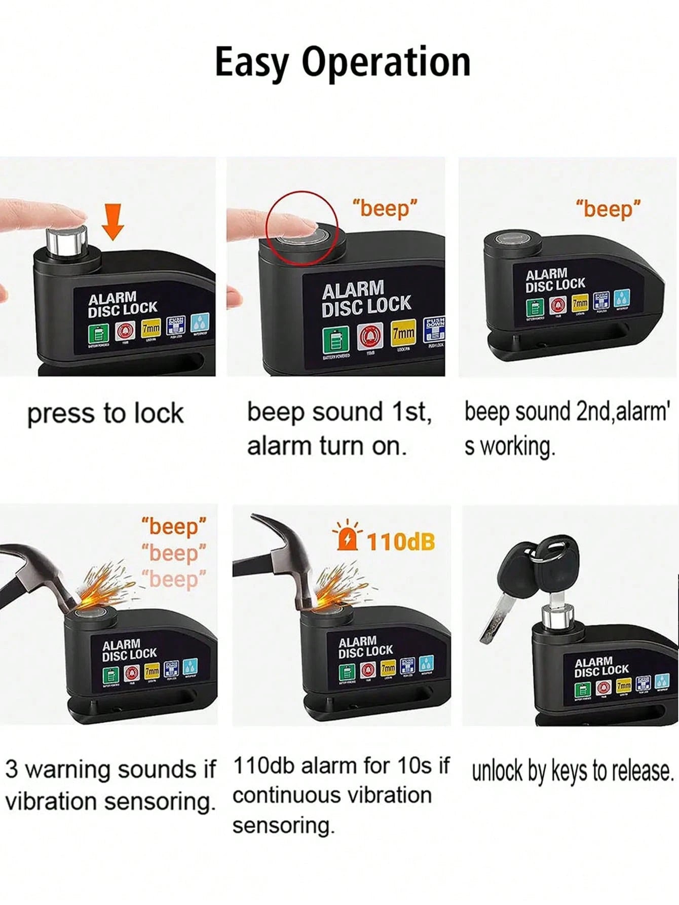 Cycling Motorcycle Wheel Disc Brake Lock Moto Anti-Theft Safety Lock Waterproof 110dB Loud Electronic Alarm Disc Lock For Motorcycle,Bicycle, Electric Bike, Essential Anti-Theft Riding Equipment