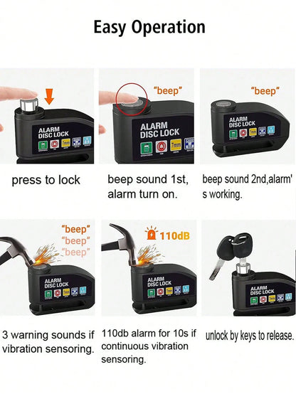 Cycling Motorcycle Wheel Disc Brake Lock Moto Anti-Theft Safety Lock Waterproof 110dB Loud Electronic Alarm Disc Lock For Motorcycle,Bicycle, Electric Bike, Essential Anti-Theft Riding Equipment