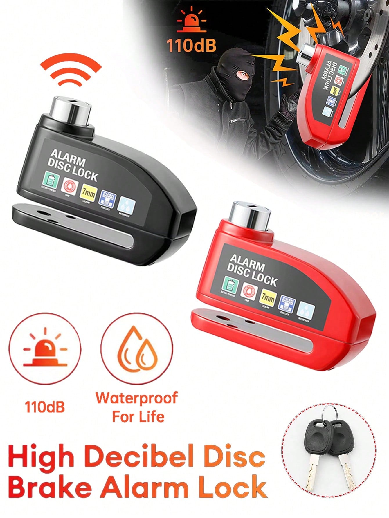 Cycling Motorcycle Wheel Disc Brake Lock Moto Anti-Theft Safety Lock Waterproof 110dB Loud Electronic Alarm Disc Lock For Motorcycle,Bicycle, Electric Bike, Essential Anti-Theft Riding Equipment