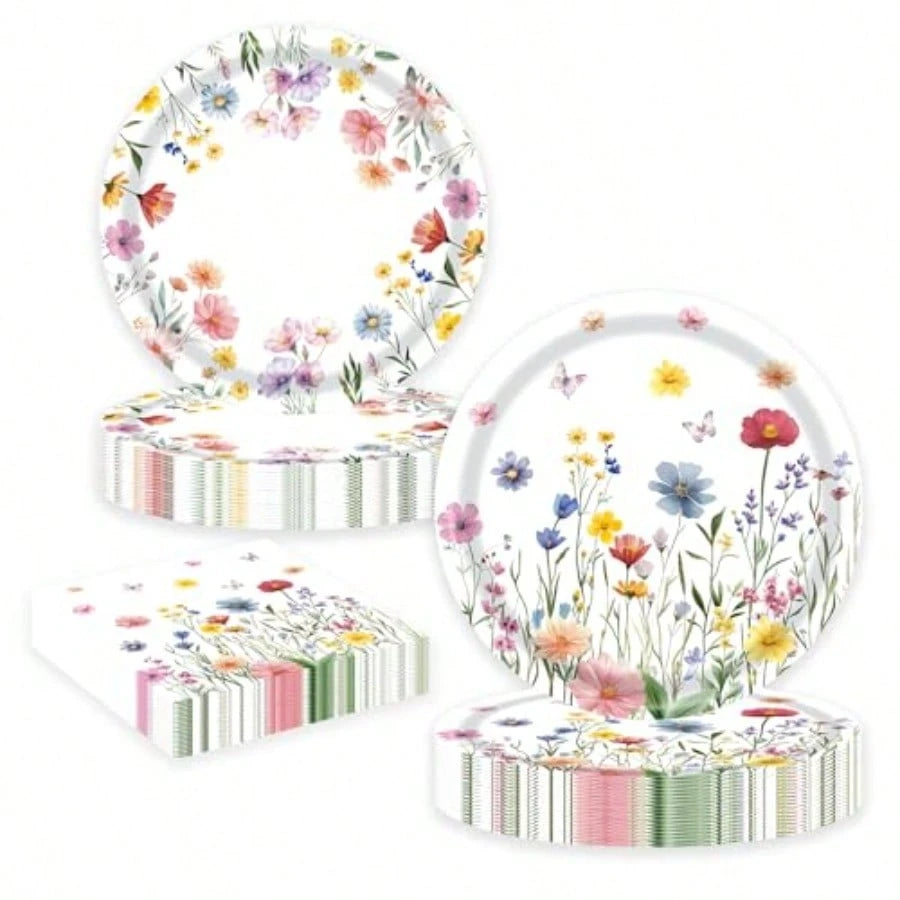 D60 PCS Wildflower Party Plies Flower Paper Plates And Napkins Spring Floral Theme Decoration Tableware For Birthday Baby Shower Wedding Picnic