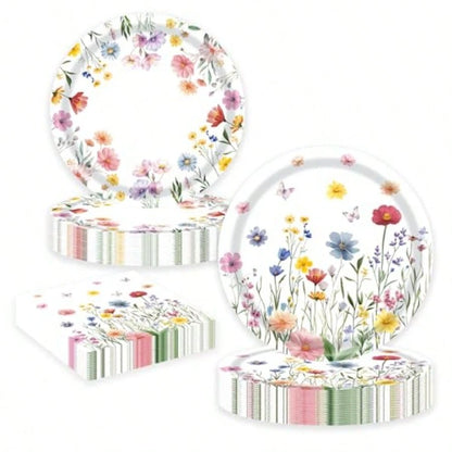 D60 PCS Wildflower Party Plies Flower Paper Plates And Napkins Spring Floral Theme Decoration Tableware For Birthday Baby Shower Wedding Picnic