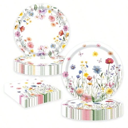 D60 PCS Wildflower Party Plies Flower Paper Plates And Napkins Spring Floral Theme Decoration Tableware For Birthday Baby Shower Wedding Picnic