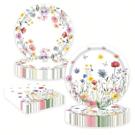 D60 PCS Wildflower Party Plies Flower Paper Plates And Napkins Spring Floral Theme Decoration Tableware For Birthday Baby Shower Wedding Picnic