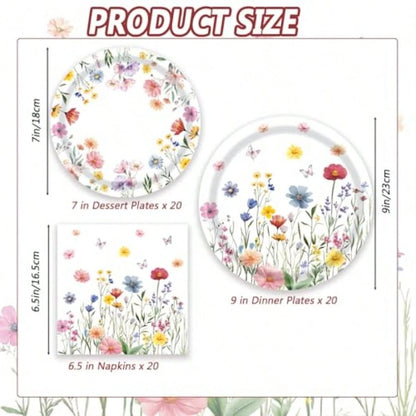 D60 PCS Wildflower Party Plies Flower Paper Plates And Napkins Spring Floral Theme Decoration Tableware For Birthday Baby Shower Wedding Picnic