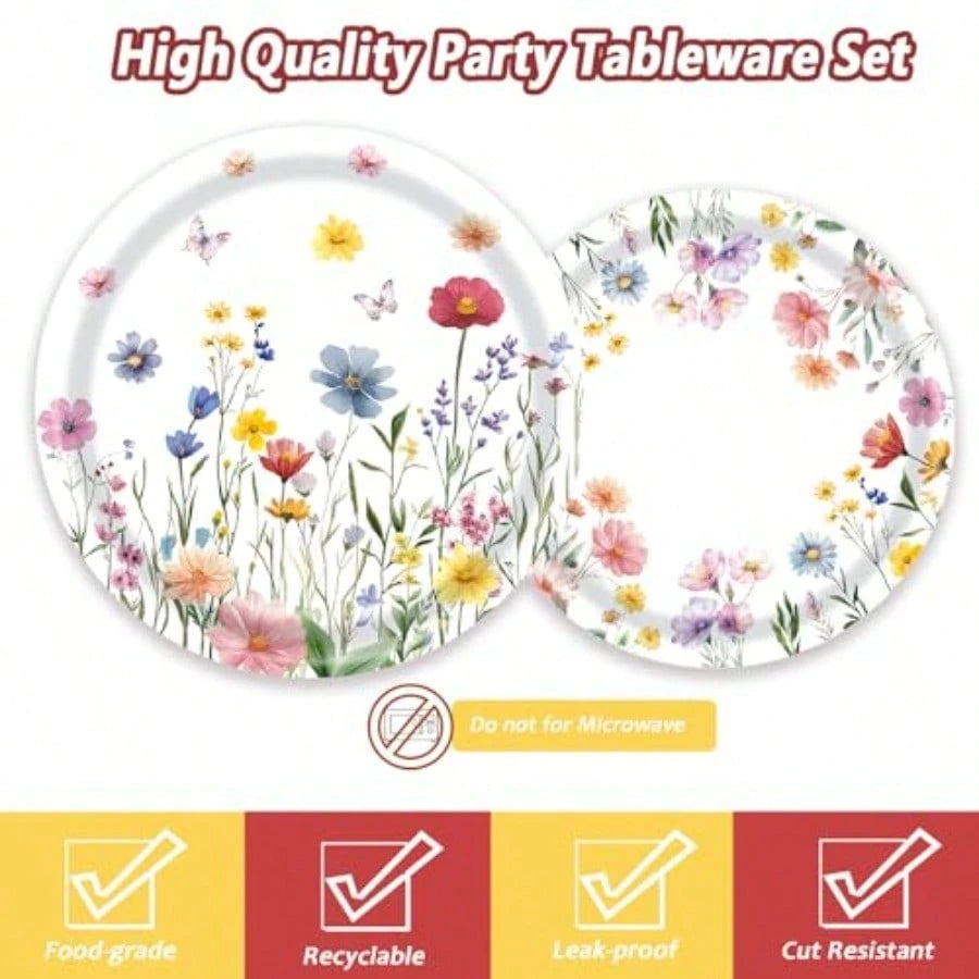 D60 PCS Wildflower Party Plies Flower Paper Plates And Napkins Spring Floral Theme Decoration Tableware For Birthday Baby Shower Wedding Picnic