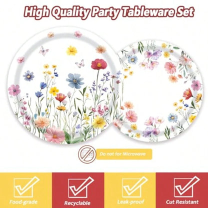D60 PCS Wildflower Party Plies Flower Paper Plates And Napkins Spring Floral Theme Decoration Tableware For Birthday Baby Shower Wedding Picnic