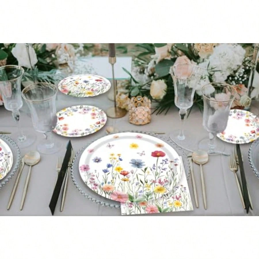 D60 PCS Wildflower Party Plies Flower Paper Plates And Napkins Spring Floral Theme Decoration Tableware For Birthday Baby Shower Wedding Picnic