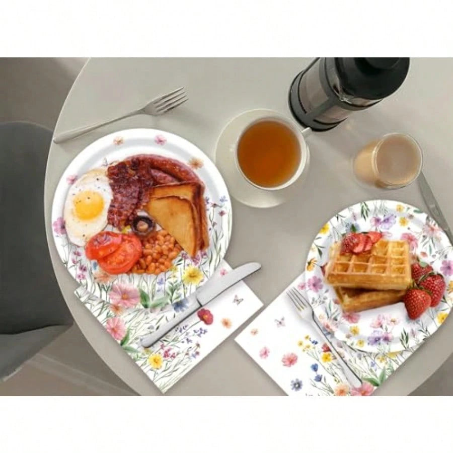 D60 PCS Wildflower Party Plies Flower Paper Plates And Napkins Spring Floral Theme Decoration Tableware For Birthday Baby Shower Wedding Picnic