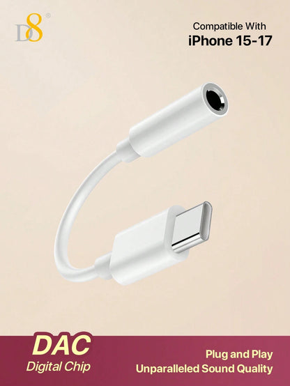 D8 16 USB-C To 3.5mm Audio Adapter, Type-C AUX Headphone Converter With DAC Stereo Microphone HiFi Headphone Adapter, Compatible With IPhone 16/16 Pro/16 Pro Max/15/15 Pro/15 Pro Max, Pro/ Air 5/ 4/ M