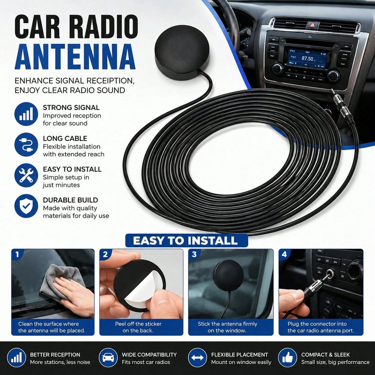 DAB Car Radio Antenna AM FM Adhesive Patch Antenna Round Patch Strong Signal FM18 Antenna