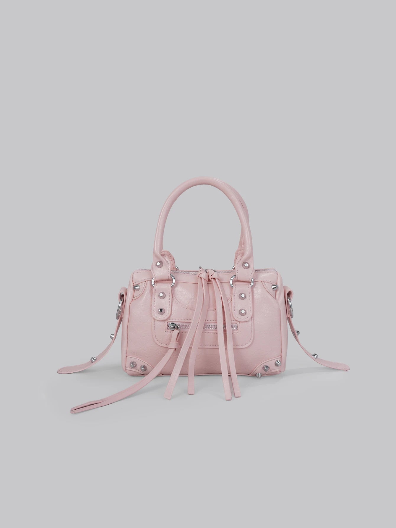 DareSee 1pc Pink Patchwork Rivet Studded Metal Tassel Zipper Decor Retro PU Material Strap Decor Rivet Studded Dual Handle Adjustable Long Shoulder Strap Zipper Closure Fashion Retro Sweet Cool Punk Y