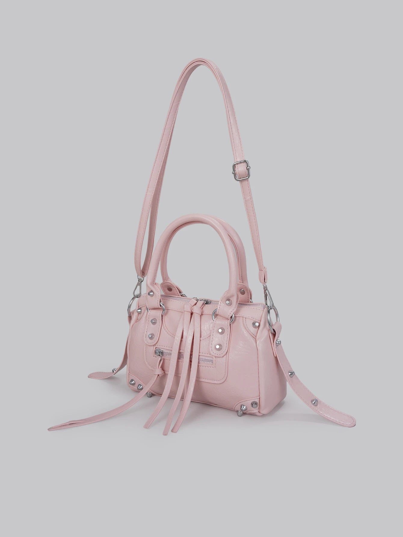 DareSee 1pc Pink Patchwork Rivet Studded Metal Tassel Zipper Decor Retro PU Material Strap Decor Rivet Studded Dual Handle Adjustable Long Shoulder Strap Zipper Closure Fashion Retro Sweet Cool Punk Y