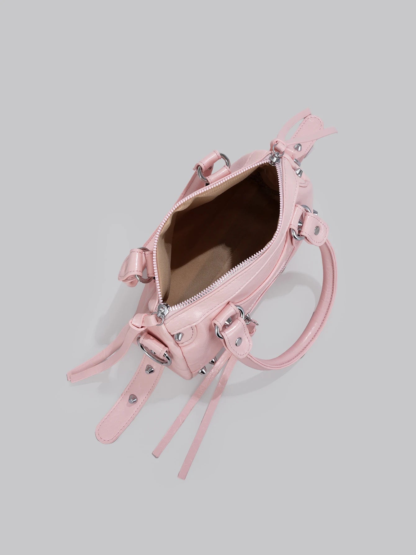 DareSee 1pc Pink Patchwork Rivet Studded Metal Tassel Zipper Decor Retro PU Material Strap Decor Rivet Studded Dual Handle Adjustable Long Shoulder Strap Zipper Closure Fashion Retro Sweet Cool Punk Y