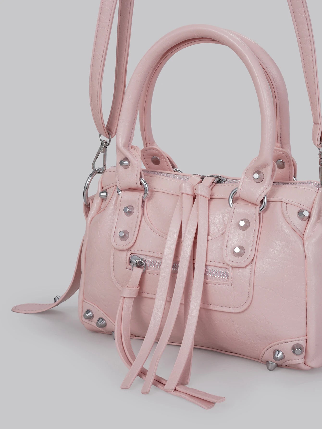 DareSee 1pc Pink Patchwork Rivet Studded Metal Tassel Zipper Decor Retro PU Material Strap Decor Rivet Studded Dual Handle Adjustable Long Shoulder Strap Zipper Closure Fashion Retro Sweet Cool Punk Y