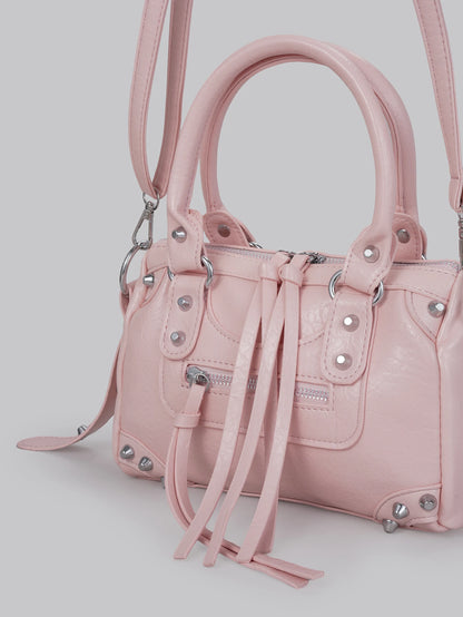 DareSee 1pc Pink Patchwork Rivet Studded Metal Tassel Zipper Decor Retro PU Material Strap Decor Rivet Studded Dual Handle Adjustable Long Shoulder Strap Zipper Closure Fashion Retro Sweet Cool Punk Y