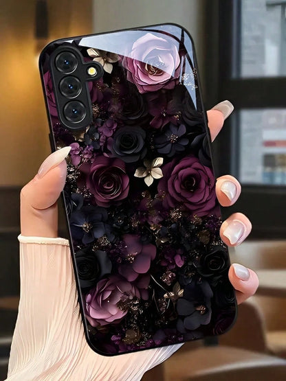 Dark Rose Phone Case With Glass Texture. Suitable For IPhone 17, 16, 15, 14, 13, 12, 11, Pro Max Plus, Galaxy 25/24/23/22/21/ULTRA/PLUS/FE/Able-Pri71/56/55/54/53/52/36/35/34/26/25/23/16/15/14/13/06. T