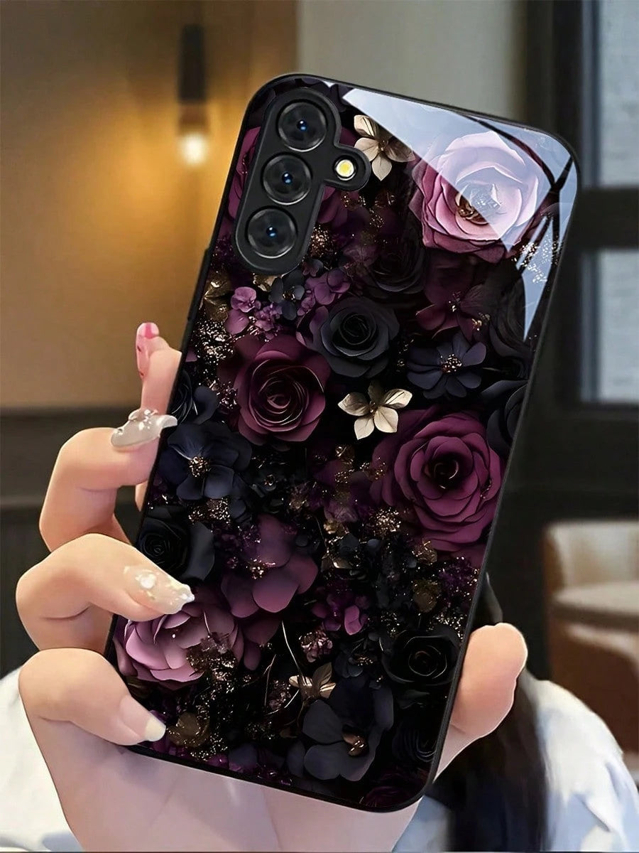 Dark Rose Phone Case With Glass Texture. Suitable For IPhone 17, 16, 15, 14, 13, 12, 11, Pro Max Plus, Galaxy 25/24/23/22/21/ULTRA/PLUS/FE/Able-Pri71/56/55/54/53/52/36/35/34/26/25/23/16/15/14/13/06. T