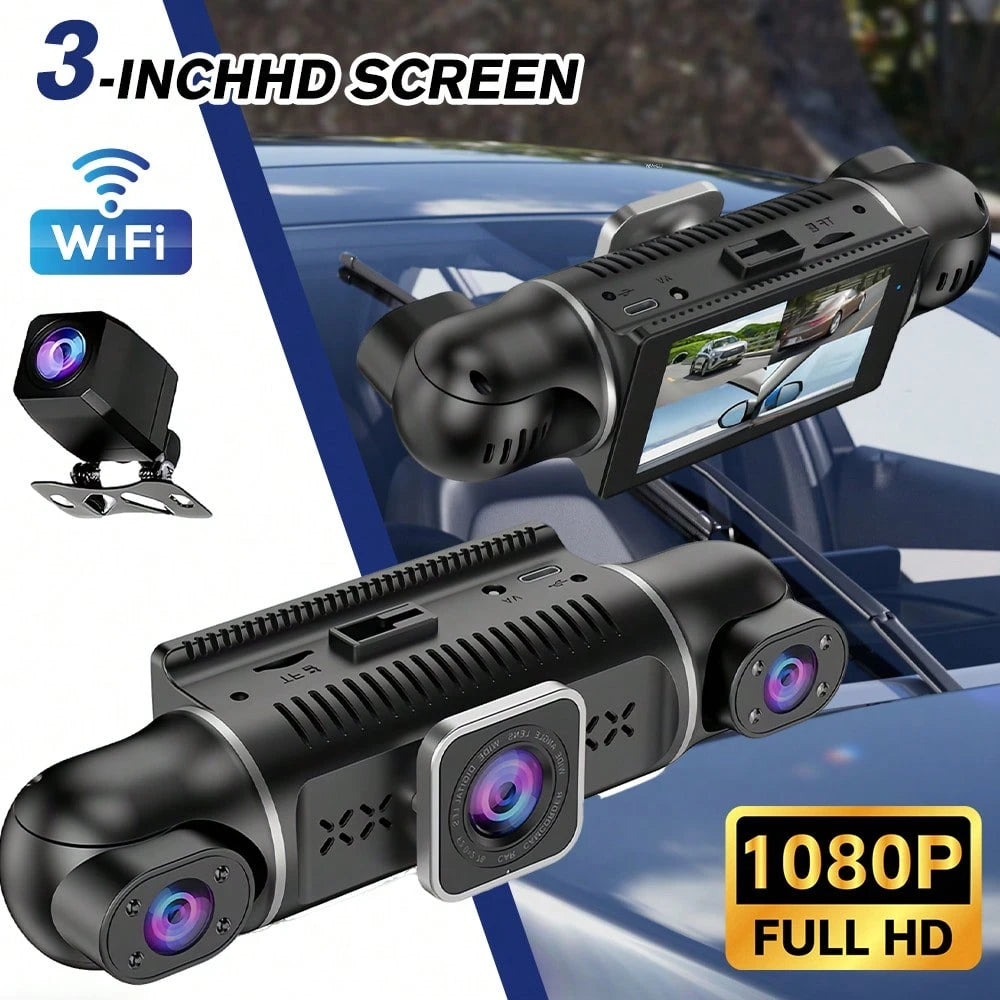 Dashcam 1080P Front Camera 150° Wide-Angle Lens, Equipped With Three Cameras, Includes 64GB Memory Card, Night Vision Function, Built-In High-Sensitivity Gravity Sensor, Loop Recording, 24-Hour Parkin