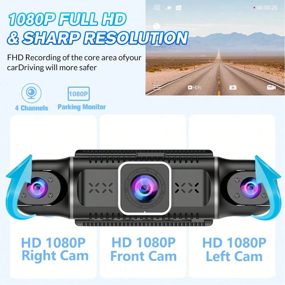 Dashcam 1080P Front Camera 150° Wide-Angle Lens, Equipped With Three Cameras, Includes 64GB Memory Card, Night Vision Function, Built-In High-Sensitivity Gravity Sensor, Loop Recording, 24-Hour Parkin