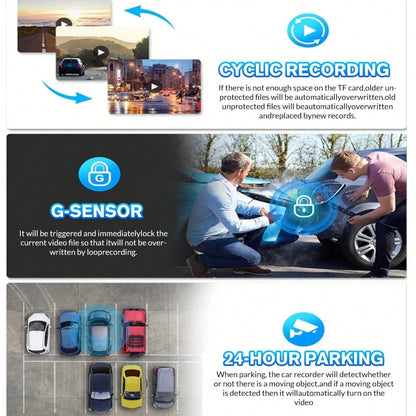 Dashcam 1080P Front Camera 150° Wide-Angle Lens, Equipped With Three Cameras, Includes 64GB Memory Card, Night Vision Function, Built-In High-Sensitivity Gravity Sensor, Loop Recording, 24-Hour Parkin