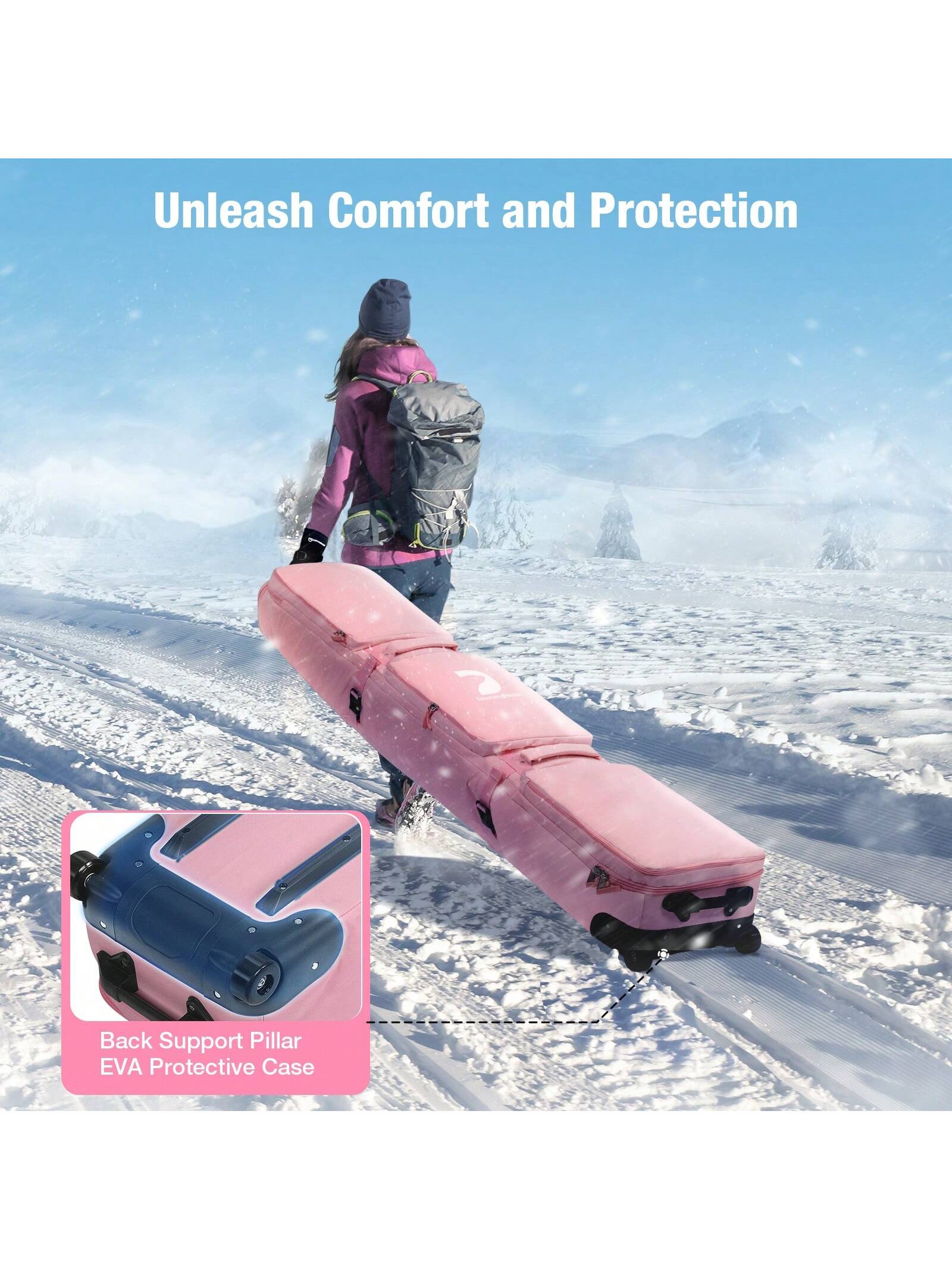 DashingNoah Rolling Ski Bags With Wheel, 165cm-175cm Padded Waterproof Snowboard Bag For Air Travel, Fits Single Ski & Skis With 3 Separation Storage, Unisex Adjustable Length, Pink