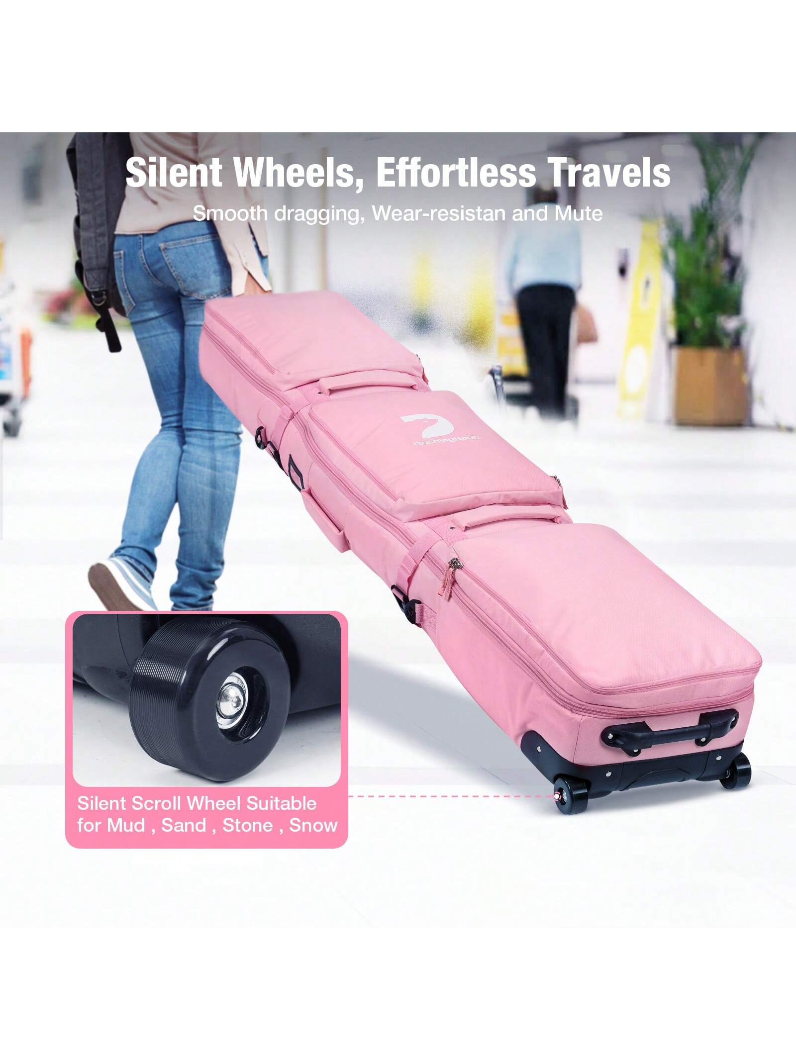 DashingNoah Rolling Ski Bags With Wheel, 165cm-175cm Padded Waterproof Snowboard Bag For Air Travel, Fits Single Ski & Skis With 3 Separation Storage, Unisex Adjustable Length, Pink