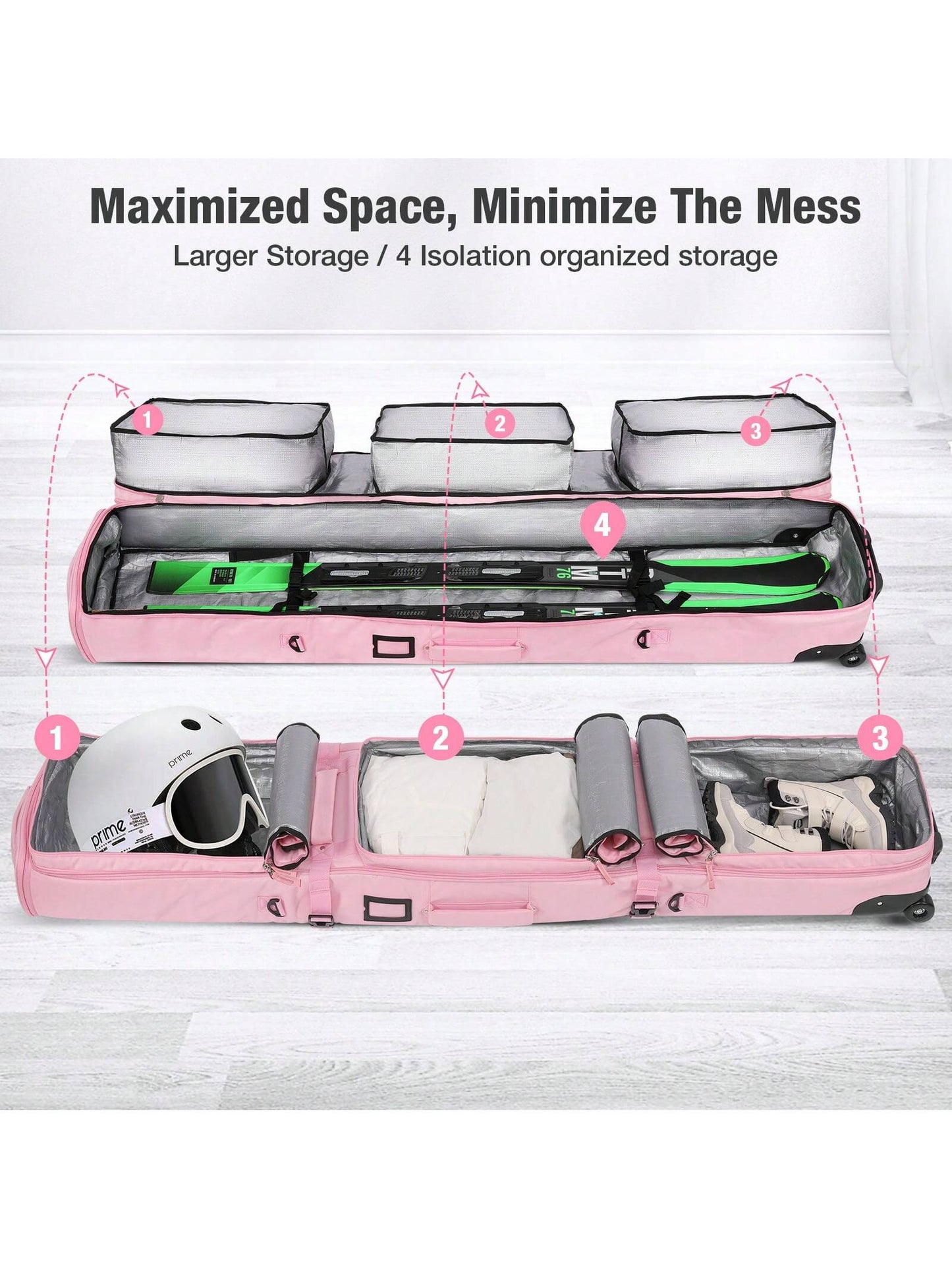 DashingNoah Rolling Ski Bags With Wheel, 165cm-175cm Padded Waterproof Snowboard Bag For Air Travel, Fits Single Ski & Skis With 3 Separation Storage, Unisex Adjustable Length, Pink