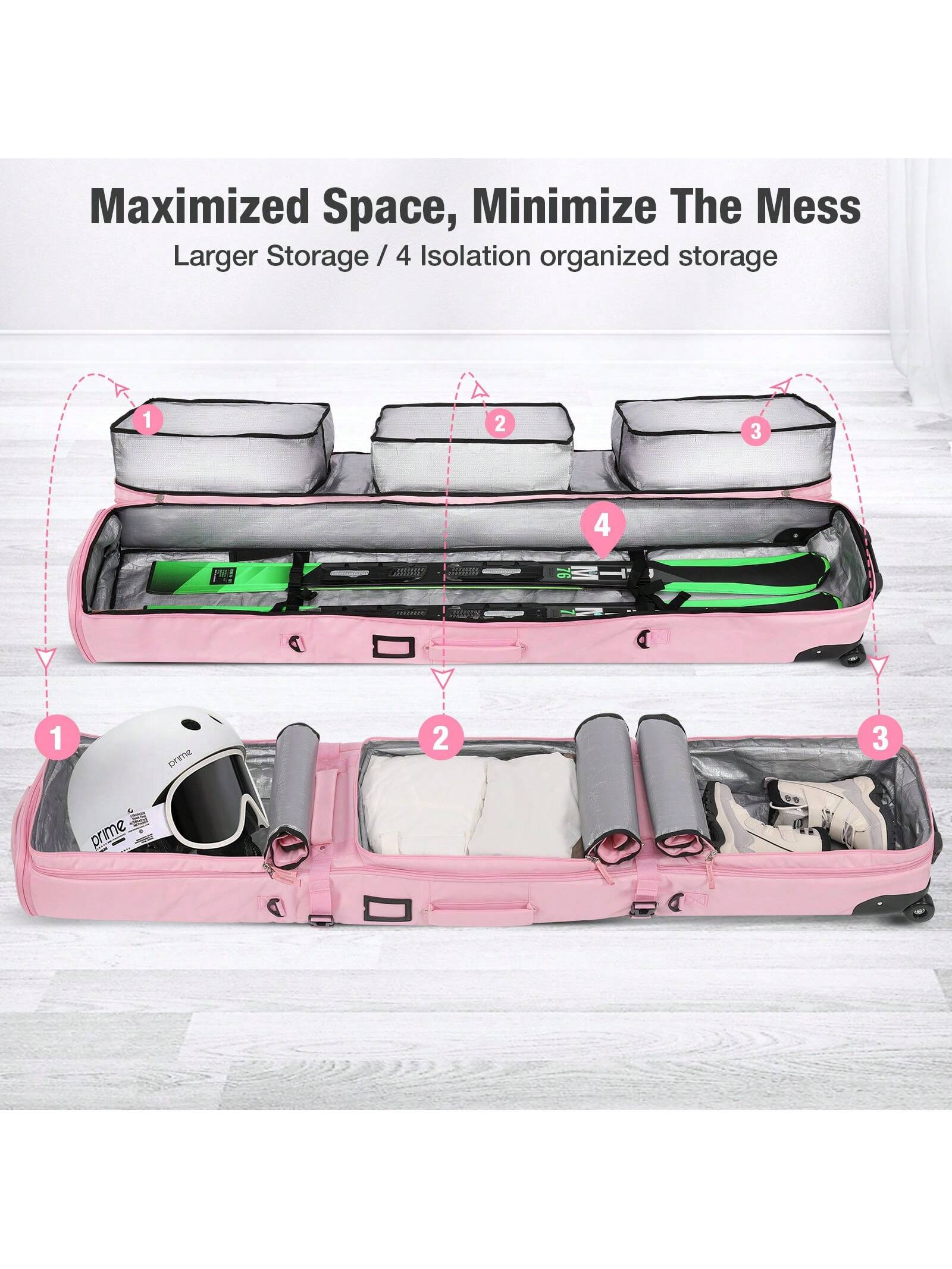 DashingNoah Rolling Ski Bags With Wheel, 165cm-175cm Padded Waterproof Snowboard Bag For Air Travel, Fits Single Ski & Skis With 3 Separation Storage, Unisex Adjustable Length, Pink