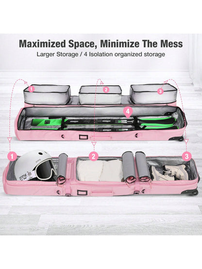 DashingNoah Rolling Ski Bags With Wheel, 165cm-175cm Padded Waterproof Snowboard Bag For Air Travel, Fits Single Ski & Skis With 3 Separation Storage, Unisex Adjustable Length, Pink