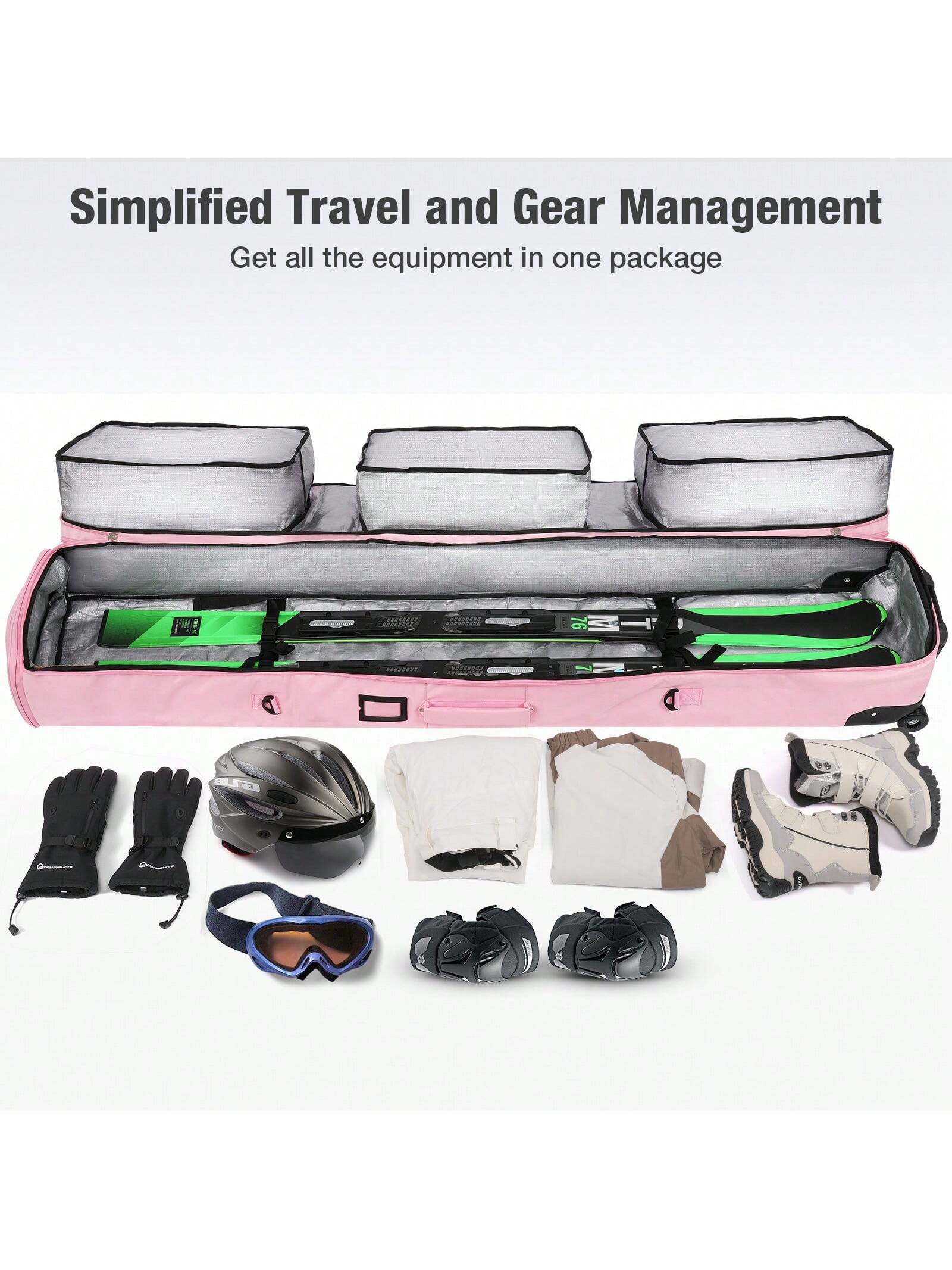 DashingNoah Rolling Ski Bags With Wheel, 165cm-175cm Padded Waterproof Snowboard Bag For Air Travel, Fits Single Ski & Skis With 3 Separation Storage, Unisex Adjustable Length, Pink