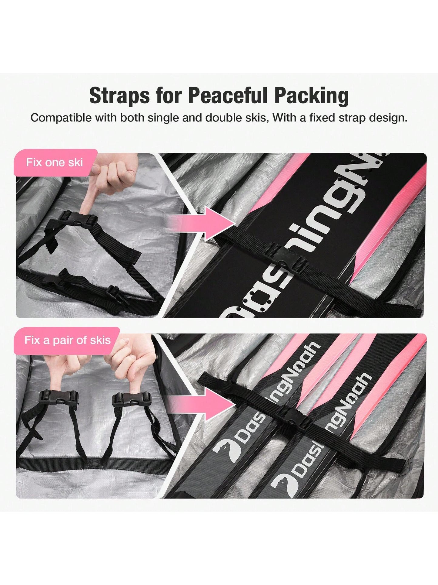 DashingNoah Rolling Ski Bags With Wheel, 165cm-175cm Padded Waterproof Snowboard Bag For Air Travel, Fits Single Ski & Skis With 3 Separation Storage, Unisex Adjustable Length, Pink