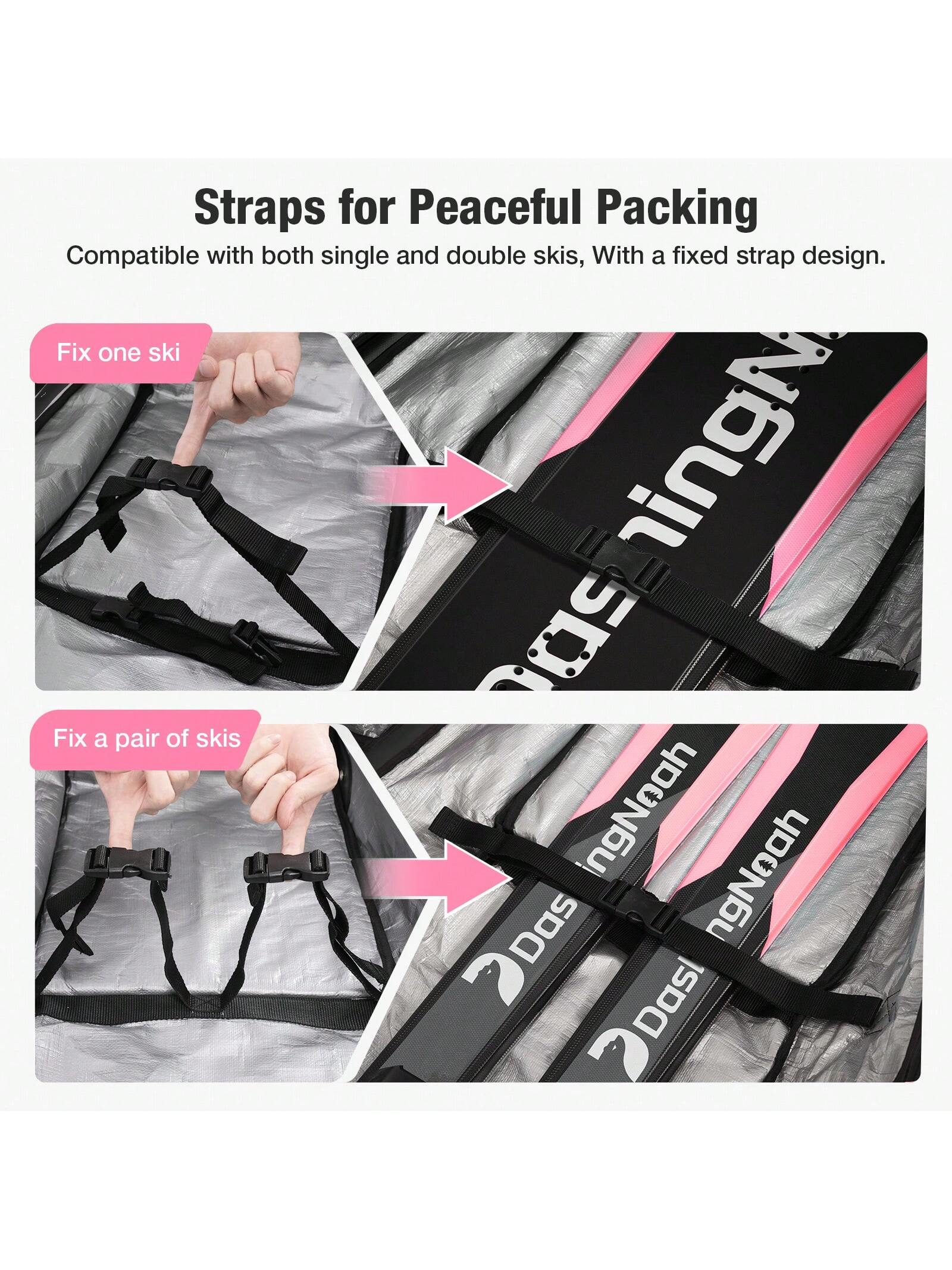 DashingNoah Rolling Ski Bags With Wheel, 165cm-175cm Padded Waterproof Snowboard Bag For Air Travel, Fits Single Ski & Skis With 3 Separation Storage, Unisex Adjustable Length, Pink