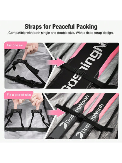 DashingNoah Rolling Ski Bags With Wheel, 165cm-175cm Padded Waterproof Snowboard Bag For Air Travel, Fits Single Ski & Skis With 3 Separation Storage, Unisex Adjustable Length, Pink