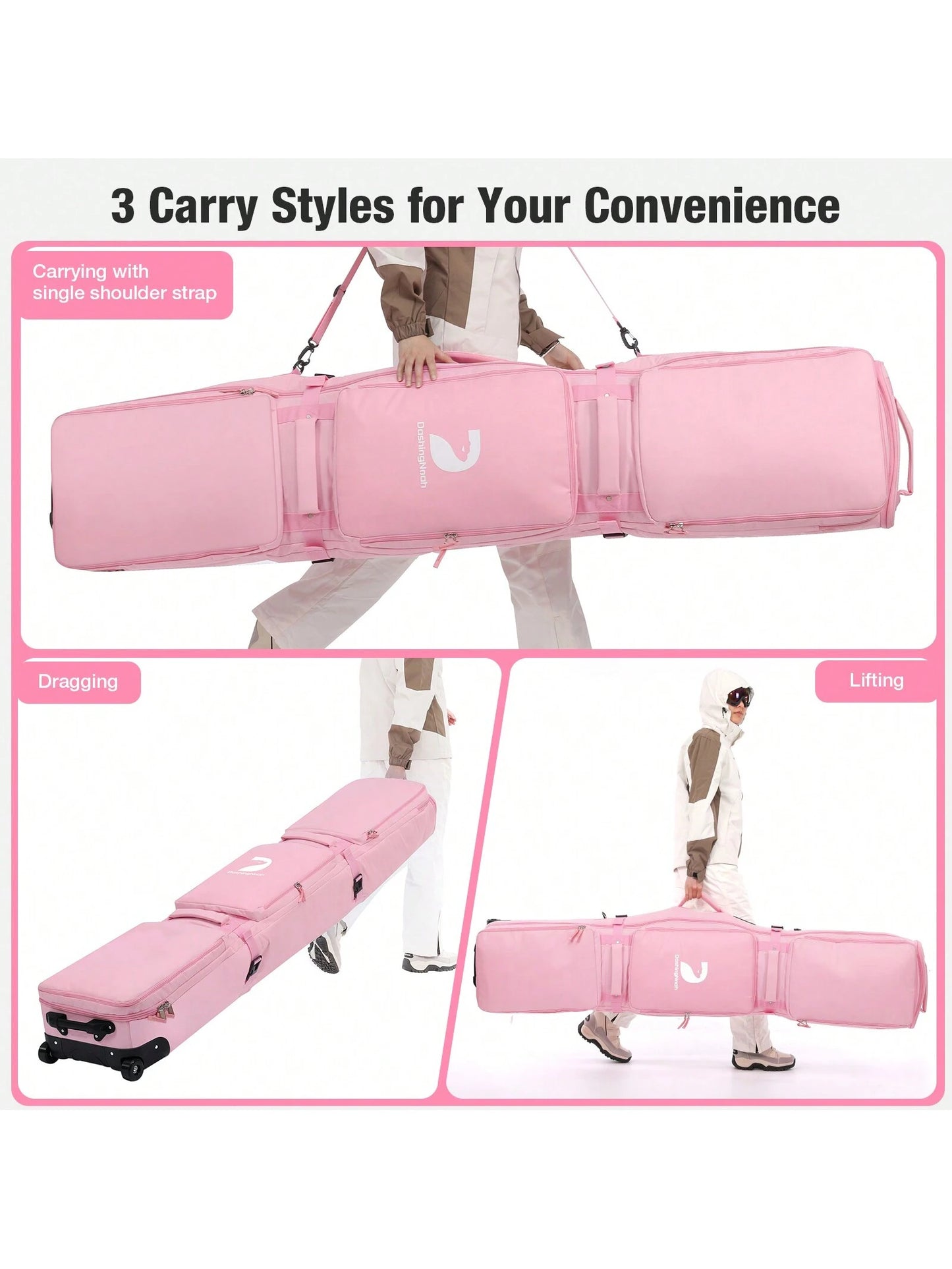 DashingNoah Rolling Ski Bags With Wheel, 165cm-175cm Padded Waterproof Snowboard Bag For Air Travel, Fits Single Ski & Skis With 3 Separation Storage, Unisex Adjustable Length, Pink
