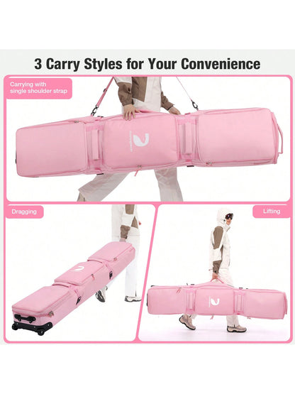 DashingNoah Rolling Ski Bags With Wheel, 165cm-175cm Padded Waterproof Snowboard Bag For Air Travel, Fits Single Ski & Skis With 3 Separation Storage, Unisex Adjustable Length, Pink